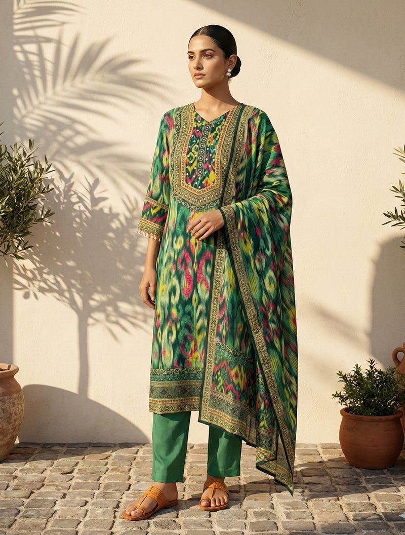trueBrowns Green Ikat Print Embroidered V-Neck Kurta Pant Dupatta Set - Image 1